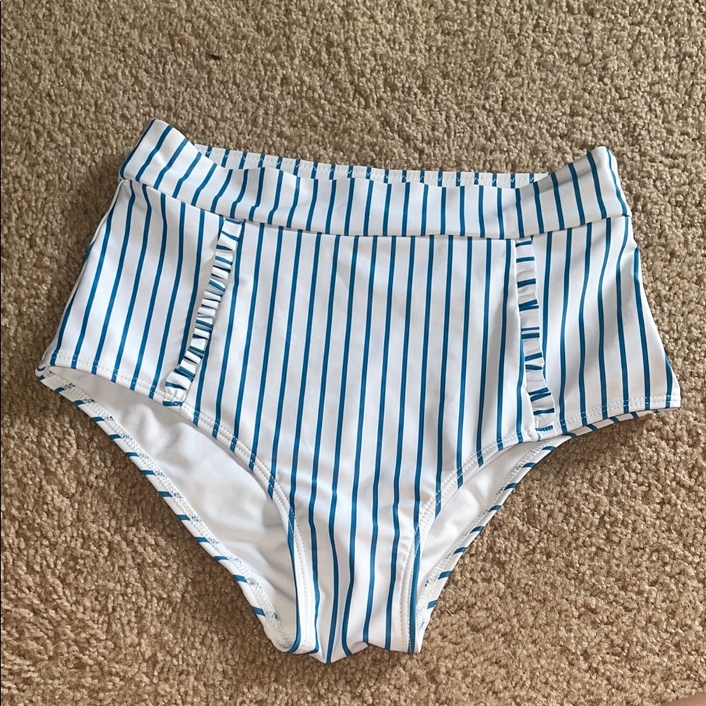 Striped High-Waisted Bikini Bottoms blue and white size XS ruffled detail swim